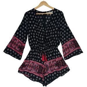 Women's Floral Long Sleeve Romper Sz M Black Faux Wrap Boho Hippie Festival